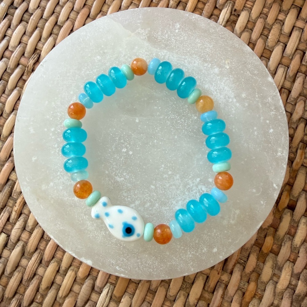Fish Bracelet Beaded Blue and Orange